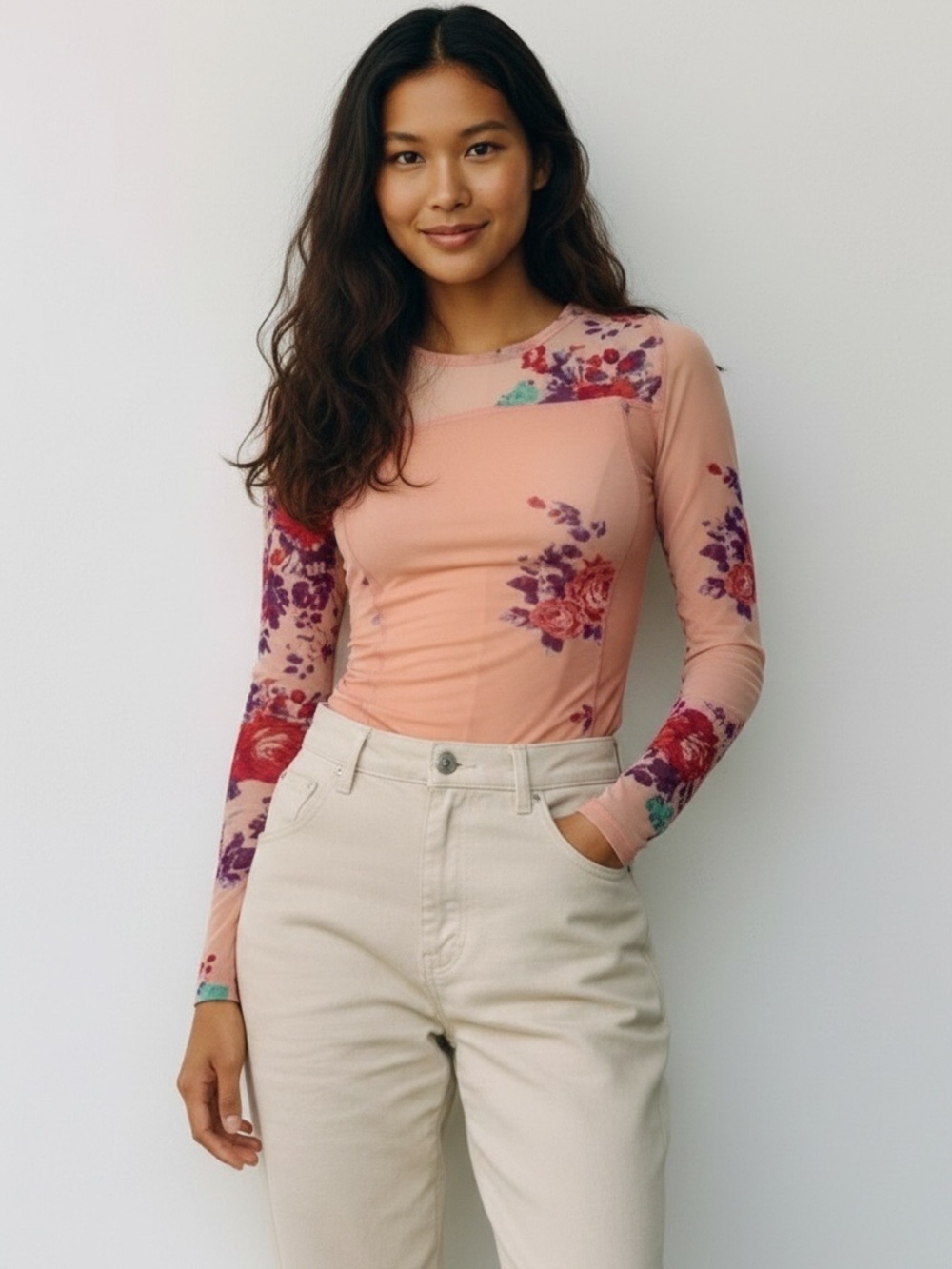 Free People Betsy garden mesh top features a floral print